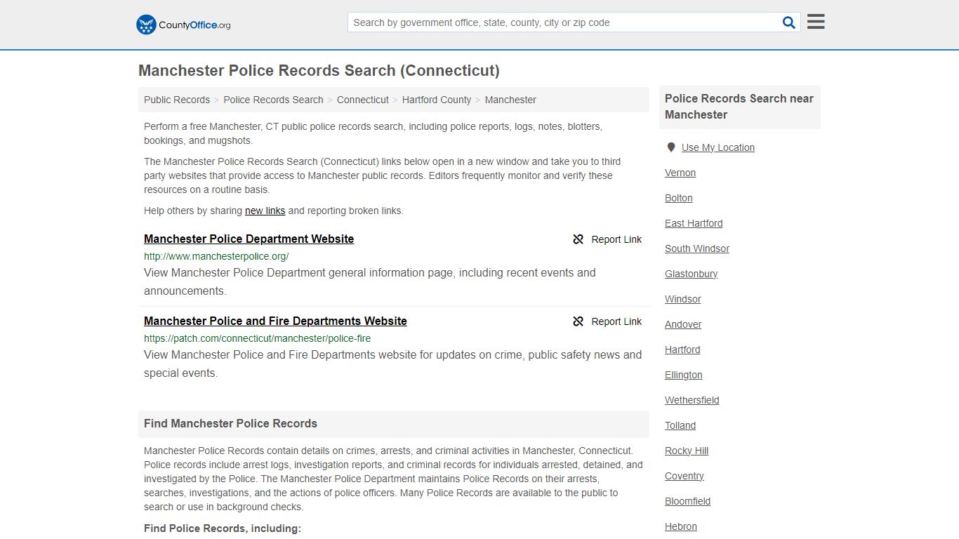 Manchester Police Records Search (Connecticut) - County Office