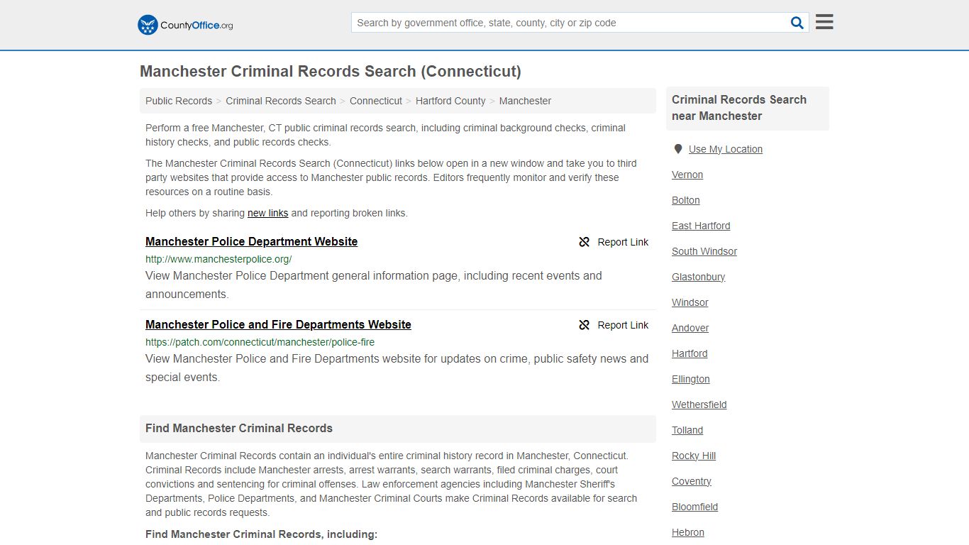 Manchester Criminal Records Search (Connecticut) - County Office